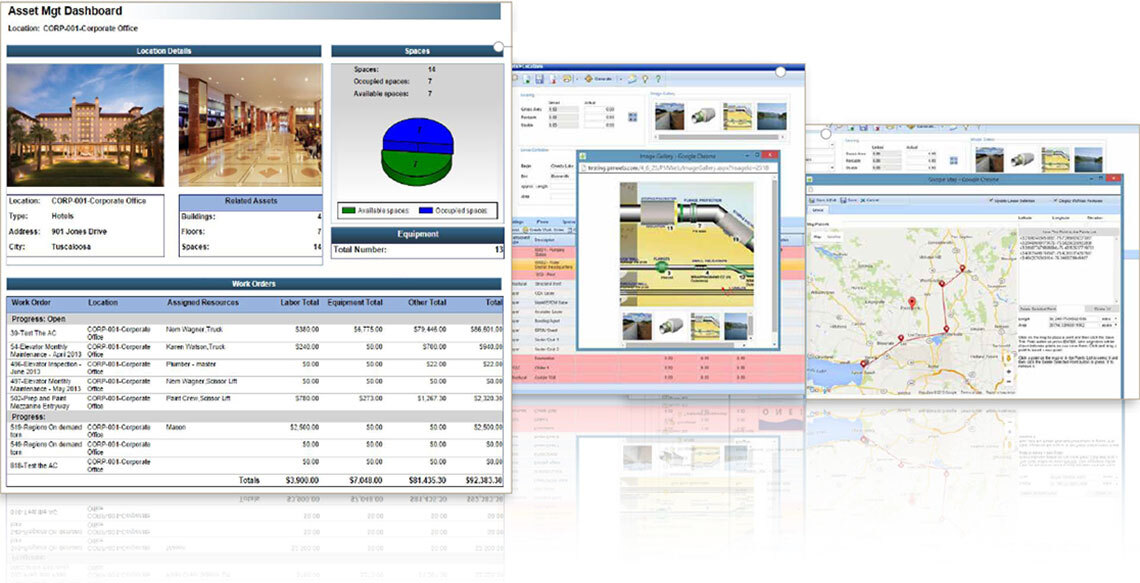 PMWEB Asset Management module showing asset hierarchy tree and preventive maintenance schedule.
